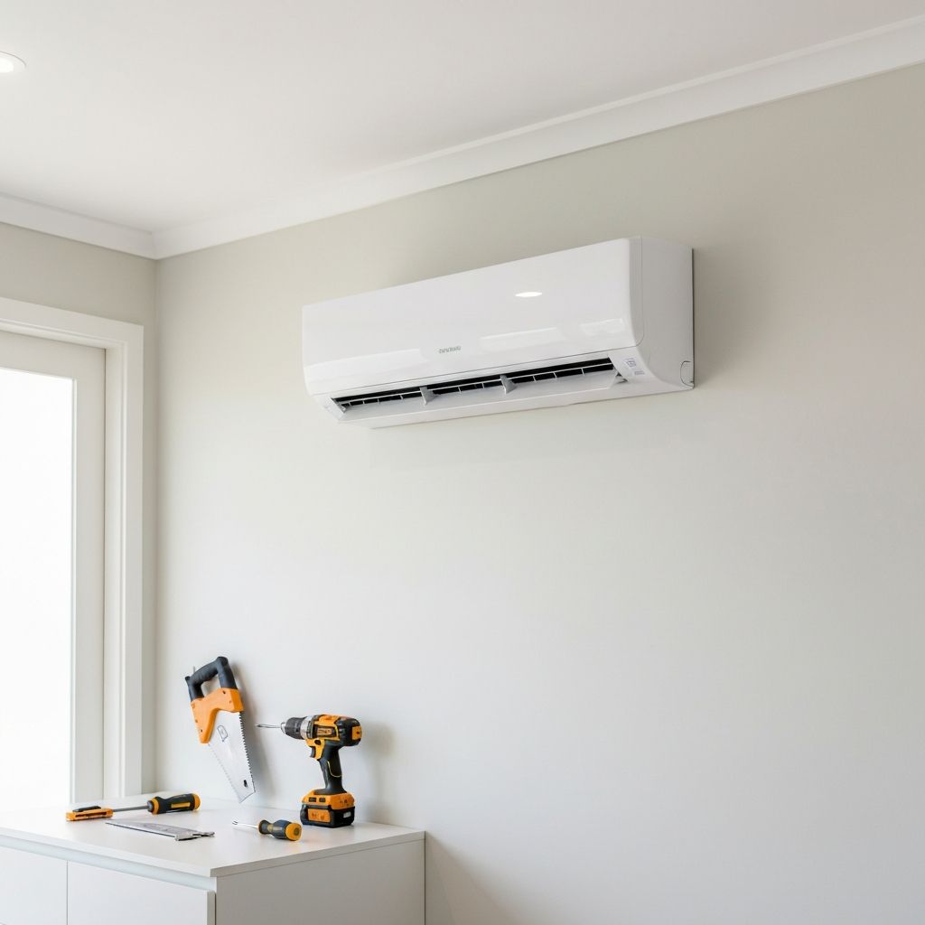A newly installed residential split-system air conditioner on a light-coloured interior wall